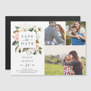 Elegant Magnolia White 3 Foto Save the Date Magnetische Uitnodiging