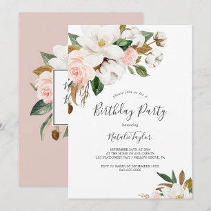 Elegant Magnolia   White and Blush Birthday Party Kaart