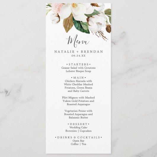 Elegant Magnolia White & Blush Weddenrenmenu Menu (Voorkant)
