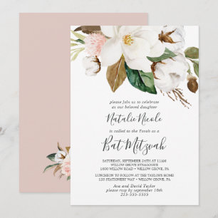 Elegant Magnolia   White en Blush Bat Mitzvah Kaart