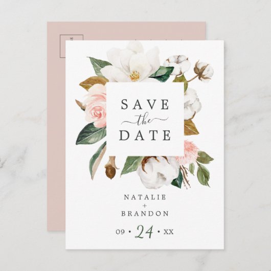 Elegant Magnolia | White Save the Date Briefkaart (Voorkant / Achterkant)