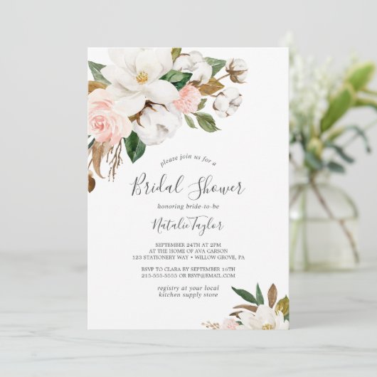 Elegant Magnolia | Wit en Blush Vrijgezellenfeest Kaart (Staand voorkant)