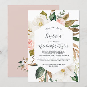 Elegant Magnolia Witte en Blush Baptisme Kaart