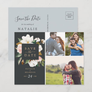 Elegant Magnolia   Zwart 3 Foto Opslaan Datum Uitnodiging Briefkaart