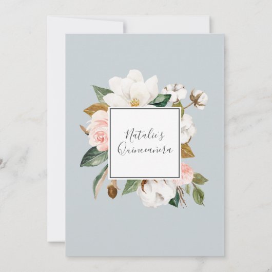 Elegant Magnolia | Zwart-wit Quinceañera Kaart (Achterkant)