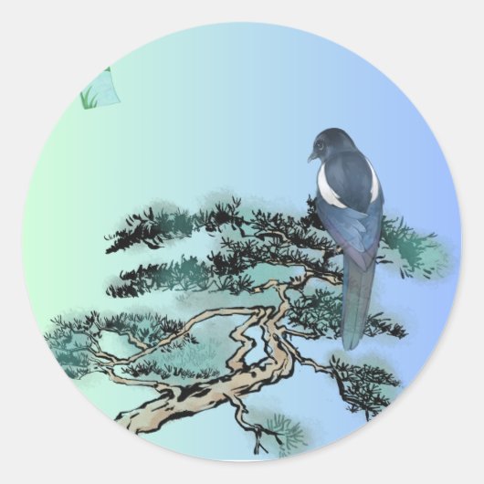 Elegant Magpie Bird Bonsai Aesthetic Sticker  (Devant)