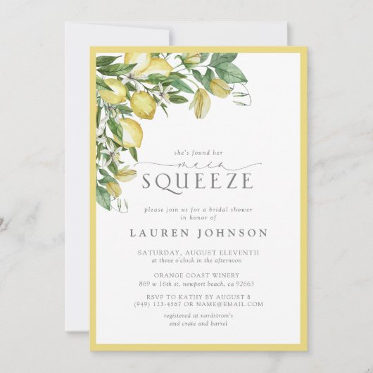Elegant Main Squeeze Lemon Yellow Vrijgezellenfees Kaart (Voorkant)