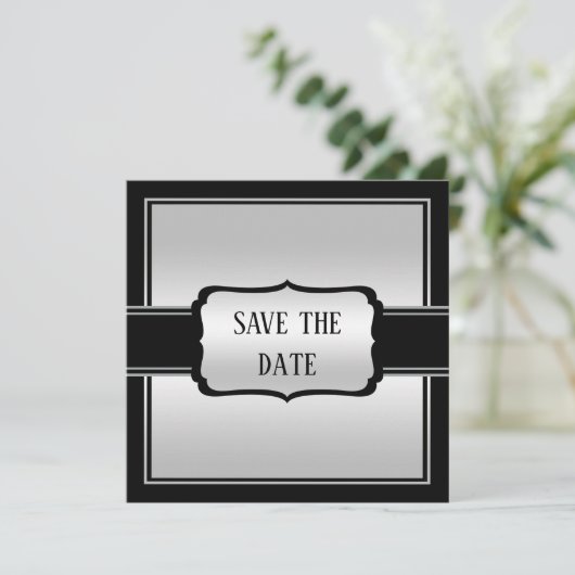 Elegant Man Silver & Black Verjaardag Save The Date (Staand voorkant)