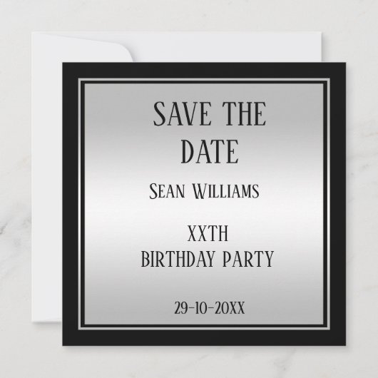 Elegant Man Silver & Black Verjaardag Save The Date (Achterkant)
