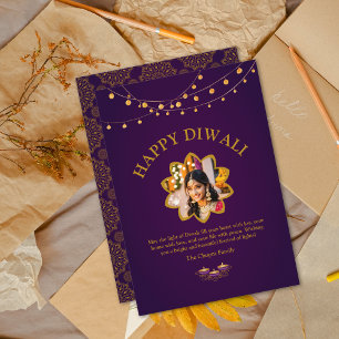 Elegant Mandala custom Foto Paarse Golden Diwali Feestdagenkaart