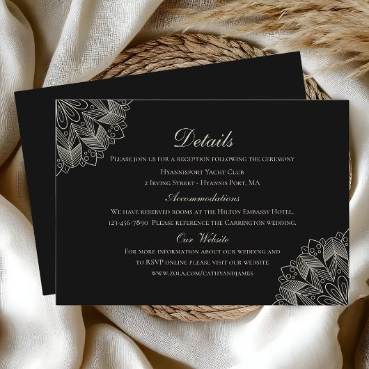 Elegant Mandala Indian Boho Black Wedding Details Informatiekaartje