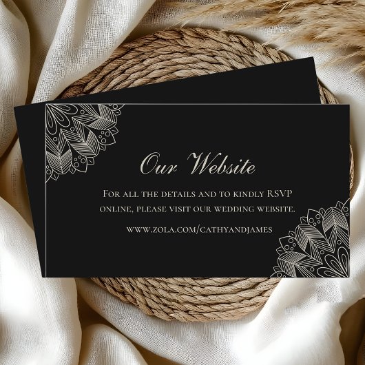 Elegant Mandala Indian Boho Black Wedding Website Informatiekaartje