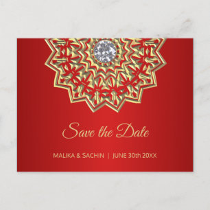 Elegant Mandala Indian RED Wedding SAVE DE DATUM Aankondigingskaart
