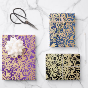 Elegant Mandala Pattern Paars Blue Gold Black Inpakpapier Vel
