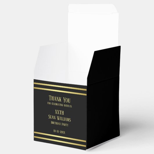 Elegant mannelijk goud & zwart verjaardag bedankdoosjes (Geopend)