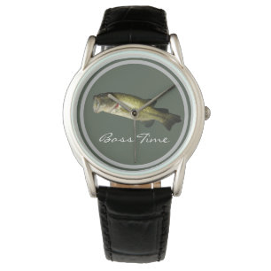 Elegant Mannen Bass Fish Time Black Leather Custom Horloge