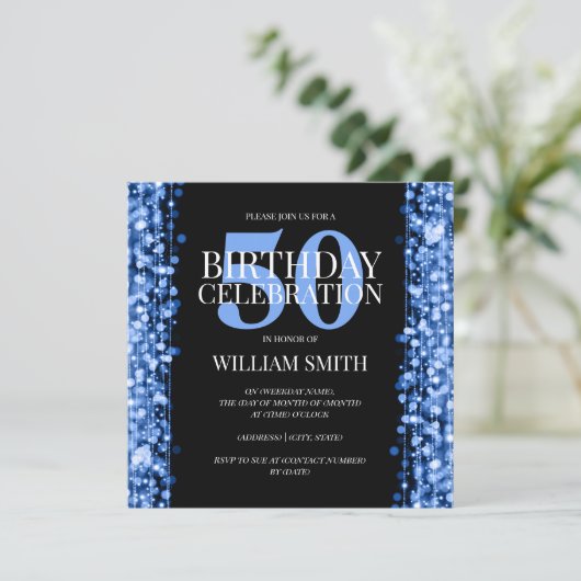 Elegant Mannen Birthday Party Sparkles Blue Kaart (Staand voorkant)