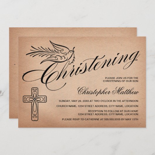 Elegant Manuscript kruis en Dove Christening Kaart (Voorkant / Achterkant)