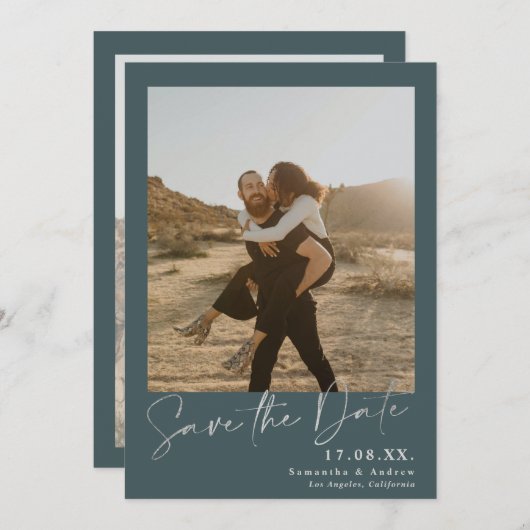 Elegant manuscript zilver 2 foto's sparen de datum save the date (Voorkant / Achterkant)