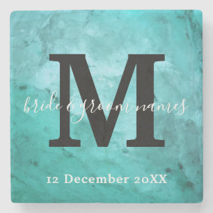 Elegant Marble Black en White Monogram Wedding Stenen Onderzetter