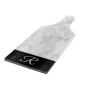 Elegant Marble Black White Monogram Initiaal  Snijplank