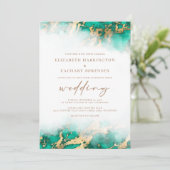 Elegant Marble Blauwgroen Green Gold Wedding Invit Kaart (Staand voorkant)
