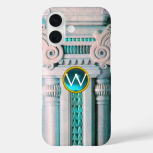 ELEGANT MARBLE COLUMN, PINK BLUE GEM STONE MONOGRA iPhone 16 HOESJE