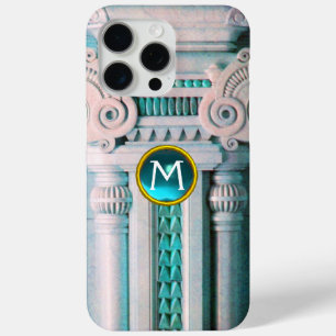 ELEGANT MARBLE COLUMN, PINK BLUE GEM STONE MONOGRA iPhone 15 PRO MAX HOESJE