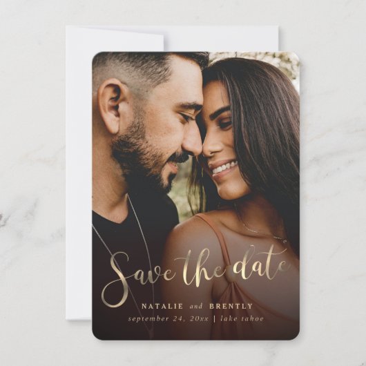 Elegant marble Gold Script & Full Bleed Photo Save The Date (Voorkant)