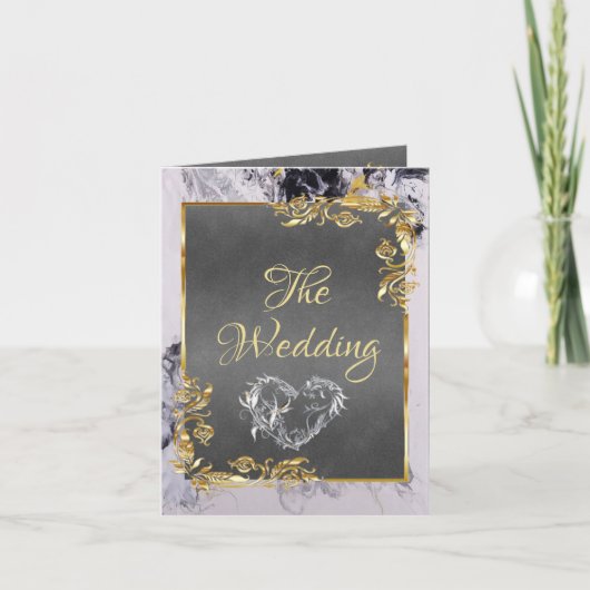 Elegant Marble, Grey, Gold Frame, Silver Heart Aankondiging (Voorkant)
