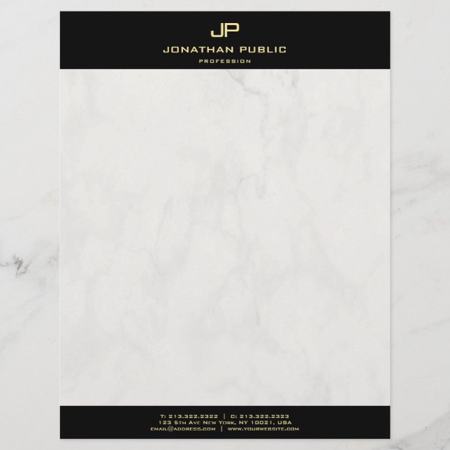 Elegant Marble Modern Black Gold Monogram Sjabloon Briefhoofd (Voorkant)