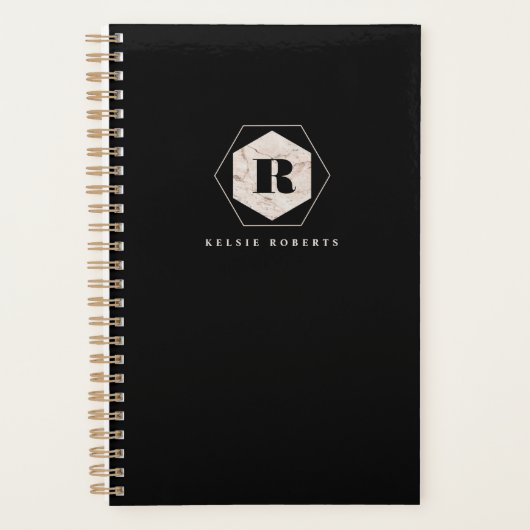 Elegant marble Monogram Monthly Weekly Black Planner (Voorkant)