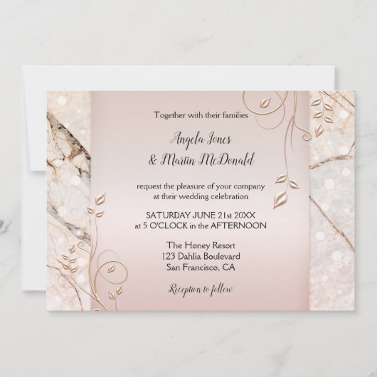 Elegant Marble Roos Gold Floral Wedding Invitation Kaart (Voorkant)