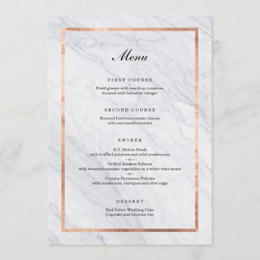 Elégant Marbre Moderne & Rose Gold Mariage Menu (Devant)