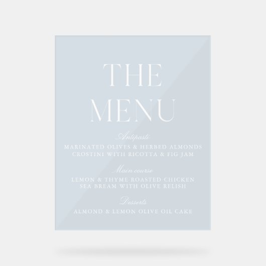 Élégant Mariage Acrylique Bleu Lumière Menu Signer (Recto)