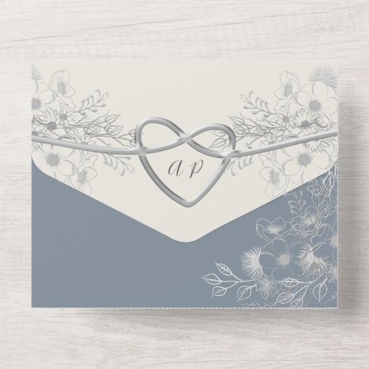 Elégant Mariage bleu Dusty tout en une invitation (Verso)