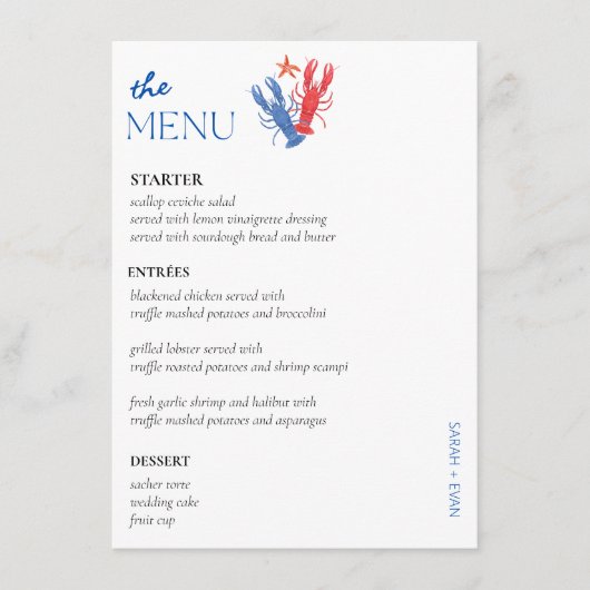 Elégant Mariage côtier Menu Cartes Menu Plat Menu (Devant)