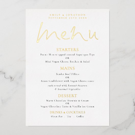 Élégant Mariage de script Real Foil Carte de menu (Devant)
