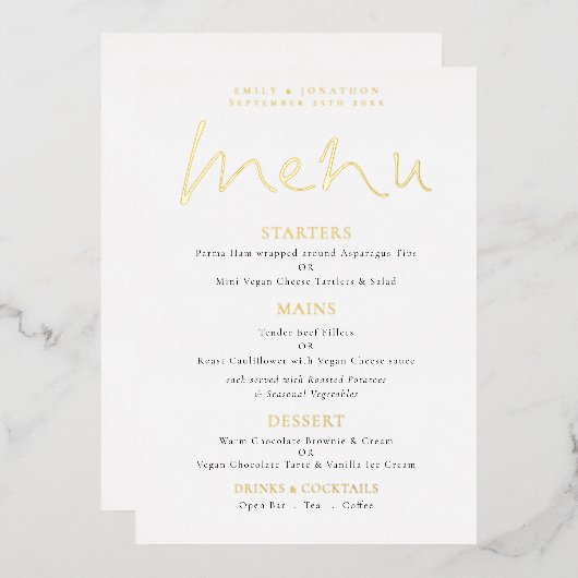 Élégant Mariage de script Real Foil Carte de menu (Recto/Verso)