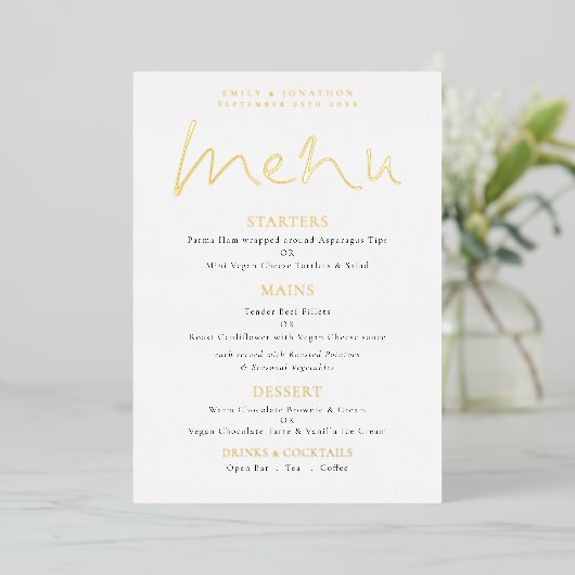 Élégant Mariage de script Real Foil Carte de menu (Debout devant)