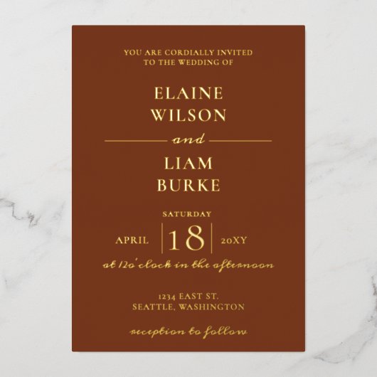 Élégant Mariage d'or de Terracotta Foil Invitation (Recto)
