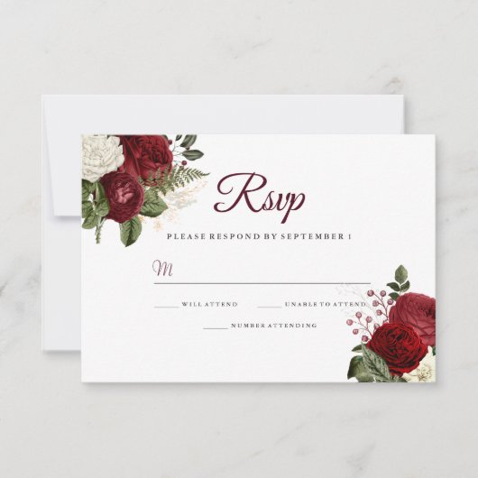 Elégant Mariage Floral Blanc Rouge Bourgogne RSVP (Devant)