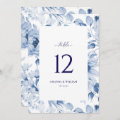 Elégant Mariage Floral Bleu Carte Numéro de table (Devant / Derrière)