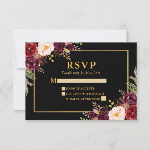 Elégant Mariage Floral Bourgogne Black Gold RSVP