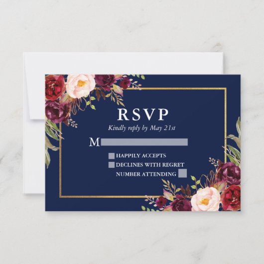Elégant Mariage Floral Bourgogne Blue Gold RSVP (Devant)