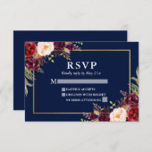 Elégant Mariage Floral Bourgogne Blue Gold RSVP (Devant / Derrière)