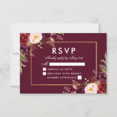 Elégant Mariage Floral Bourgogne Gold RSVP (Devant)