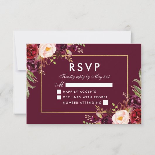 Elégant Mariage Floral Bourgogne Gold RSVP (Devant)