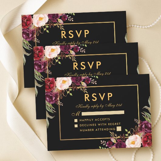 Elégant Mariage Floral Bourgogne RSVP Black Gold