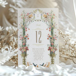 Elégant Mariage Floral Carte Numéro de table<br><div class="desc">Ajoutez une touche enchanteresse à votre réception de mariage avec notre Elegant Floral Mariage Table Number Card. Le design se compose d'une colonne verdoyante de fleurs dans des tons délicats de rougeur, de corail et de sauge, encadrée par une arche botanique ornée d'un monogramme classique au sommet. Chaque carte est...</div>